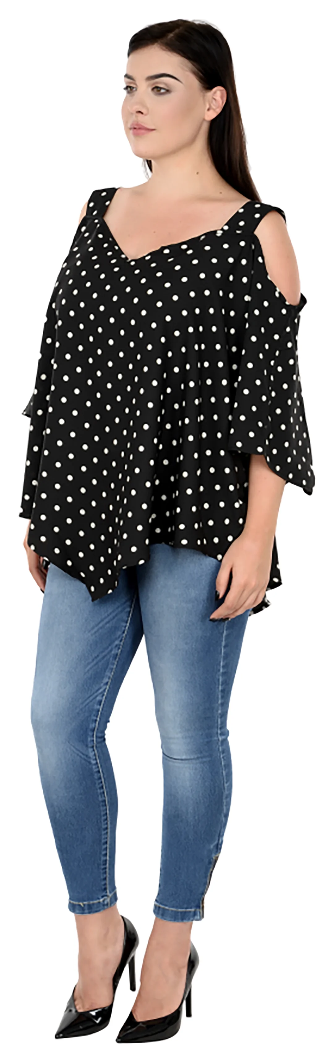 Polka Dark Black Regular Fit V Neck Sleeveless  Crepe Top