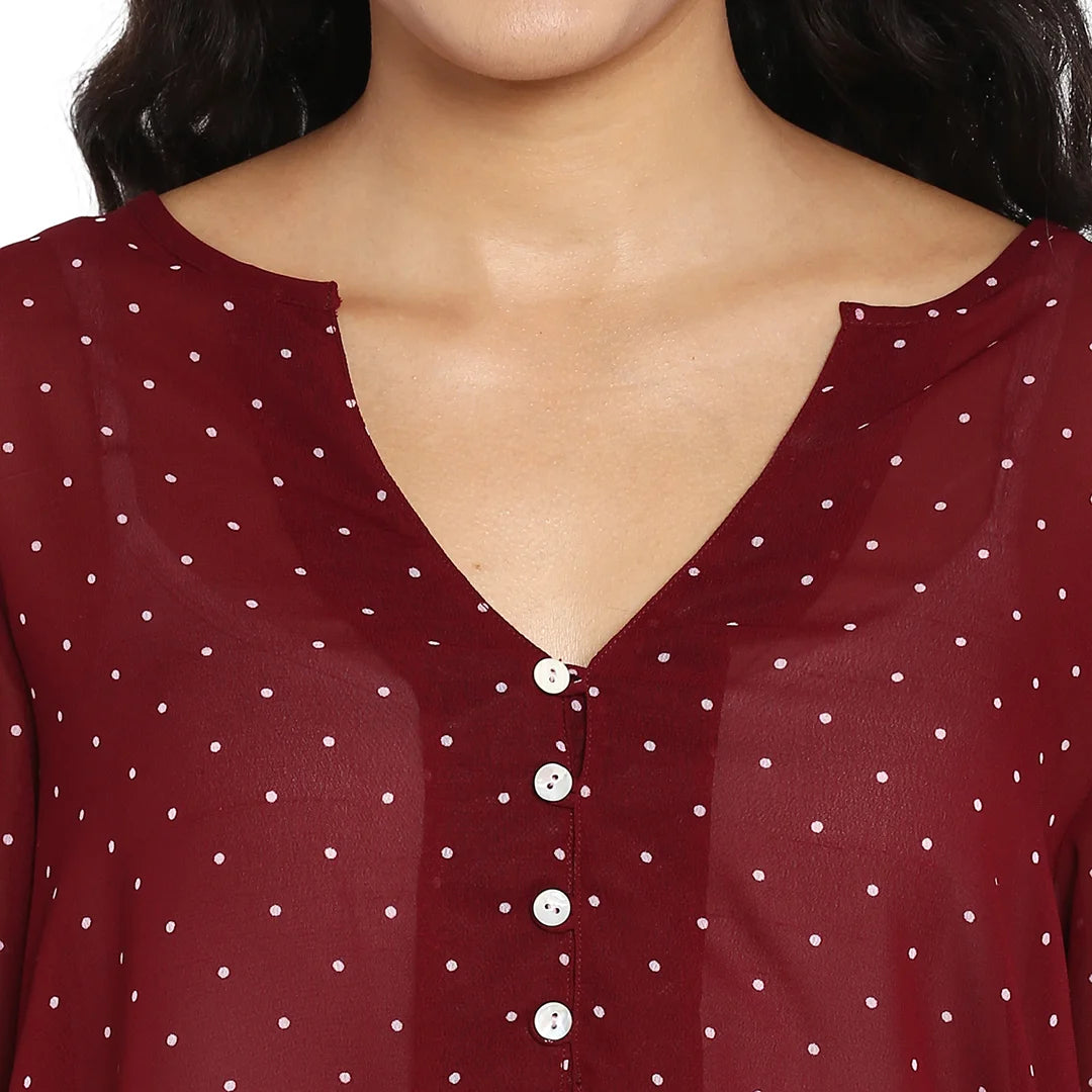 Qurvii Maroon White Polka Hi Lo Tunic