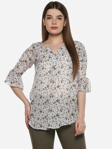 Qurvii Grey Floral Front Gather Top