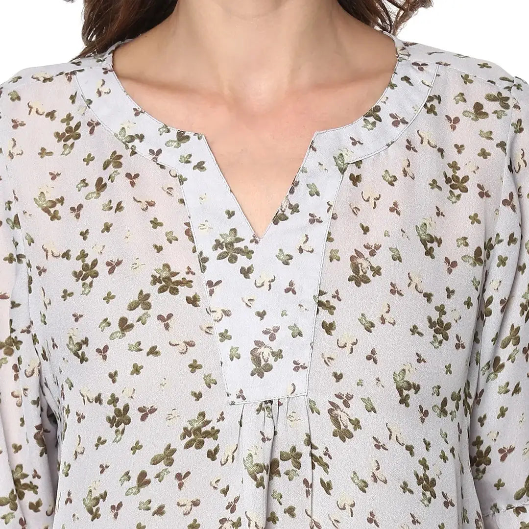 Qurvii Grey Floral Front Gather Top