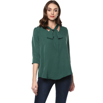 Qurvii Bottle Green Long Tie, V Neck Top
