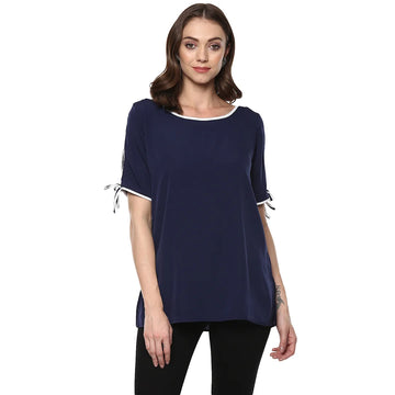 Solid Dark Navy Regular Fit Round Neck Half  Crepe Top