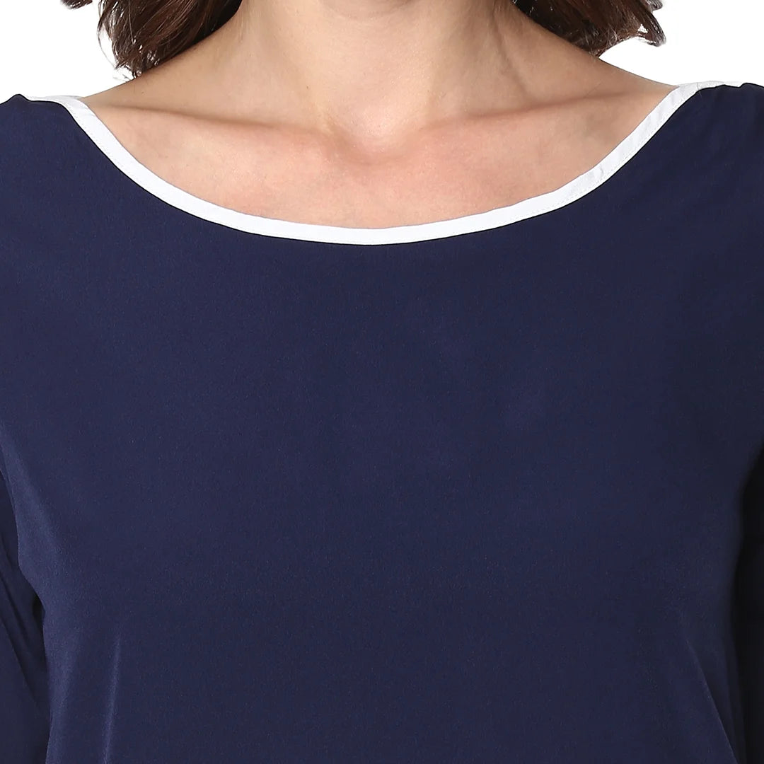 Solid Dark Navy Regular Fit Round Neck Half  Crepe Top
