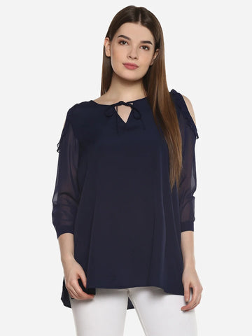 Qurvii Navy Ruffle Trim Cold Shoulder Top