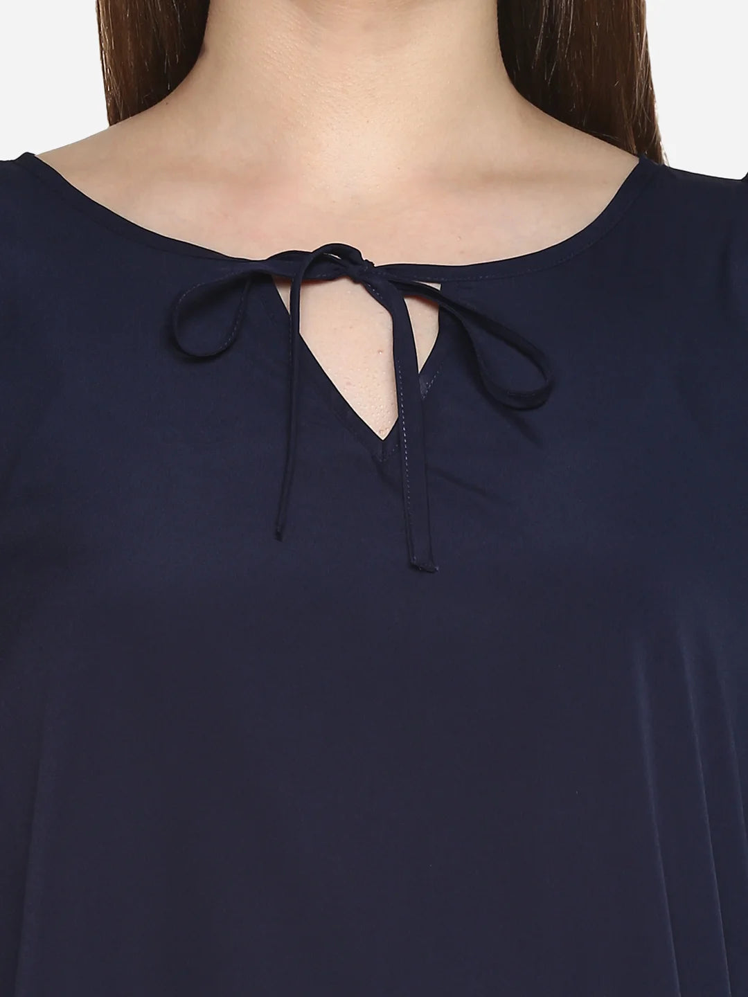 Qurvii Navy Ruffle Trim Cold Shoulder Top