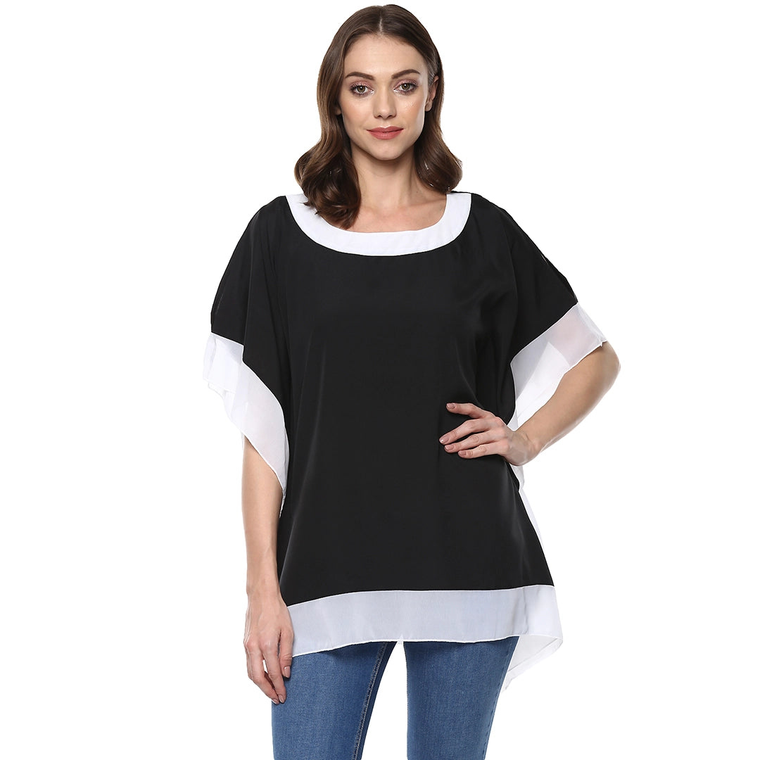 Solid Dark Black Relaxed Fit Round Neck Elbow Length  Crepe Kaftan