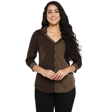 Qurvii Brown Printed Double Shaded Side Patch Shirt