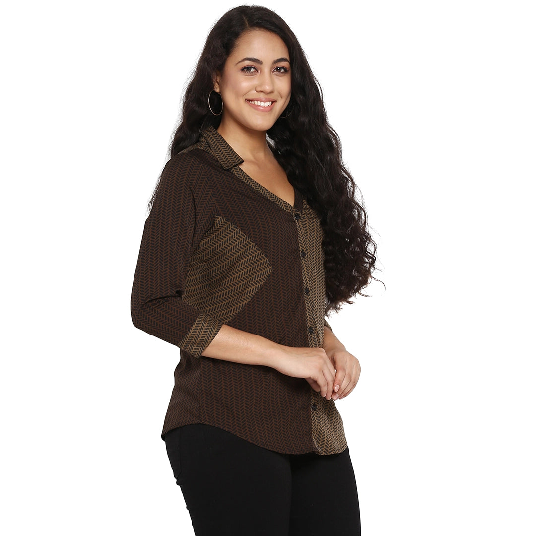 Qurvii Brown Printed Double Shaded Side Patch Shirt