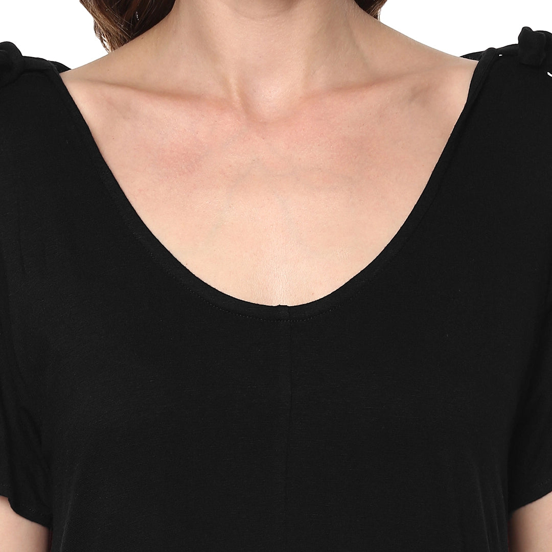 Solid Dark Black Regular Fit Round Neck Half  Jersey Dress