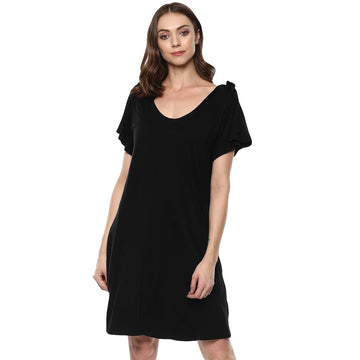 Solid Dark Black Regular Fit Round Neck Half  Jersey Dress
