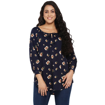 Floral Dark Navy Regular Fit Round Neck Three Quarter Cuff Sleeve Crepe Top