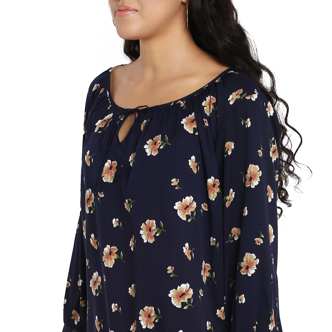 Floral Dark Navy Regular Fit Round Neck Three Quarter Cuff Sleeve Crepe Top