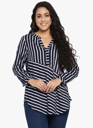 Stripe Dark Navy Regular Fit Mandarin Collar Three Quarter Cuff Sleeve Crepe Top