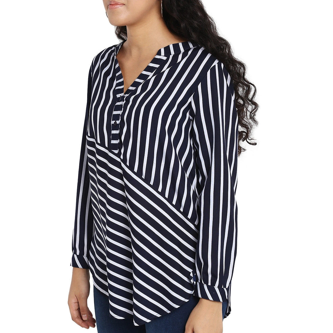 Stripe Dark Navy Regular Fit Mandarin Collar Three Quarter Cuff Sleeve Crepe Top