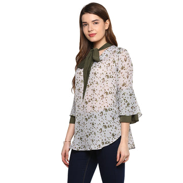 Qurvii Grey Floral Mosscrepe Oilve Tie Top