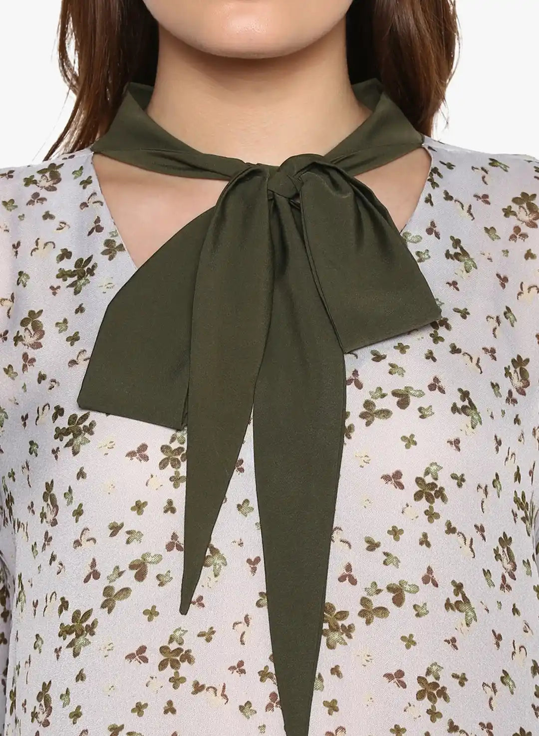 Qurvii Grey Floral Mosscrepe Oilve Tie Top
