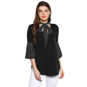 Polka Dark Black Regular Fit V Neck Three Quarter Bell Sleeve Crepe Top