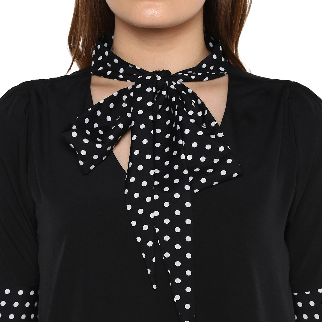 Polka Dark Black Regular Fit V Neck Three Quarter Bell Sleeve Crepe Top