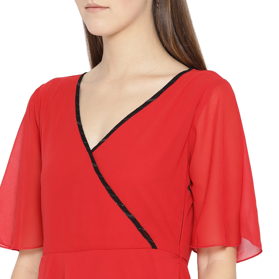 Solid Bright Red Slim Fit V Neck Short Bell Sleeve Georgette Dress