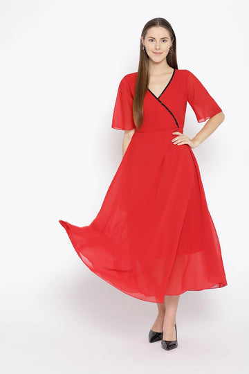 Solid Bright Red Slim Fit V Neck Short Bell Sleeve Georgette Dress