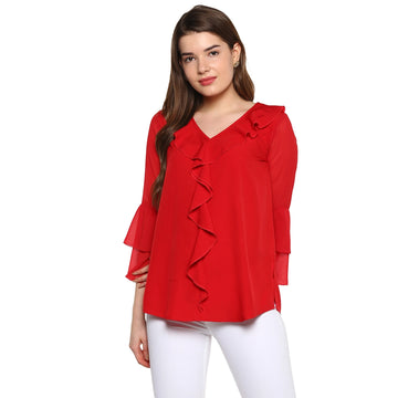 Solid Bright Red Relaxed Fit V Neck Three Quarter Bell Sleeve Crepe Top