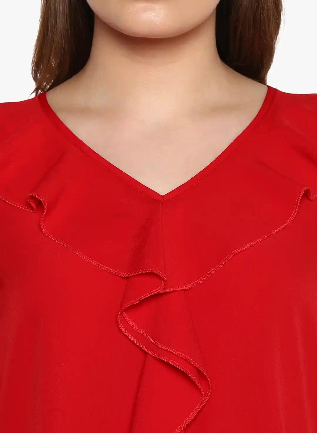 Solid Bright Red Relaxed Fit V Neck Three Quarter Bell Sleeve Crepe Top