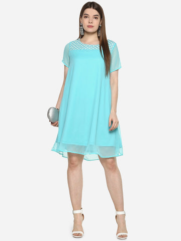 Solid Bright Turquoise Regular Fit Round Neck Half  Georgette Dress