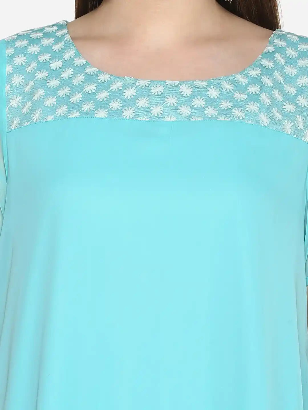 Solid Bright Turquoise Regular Fit Round Neck Half  Georgette Dress