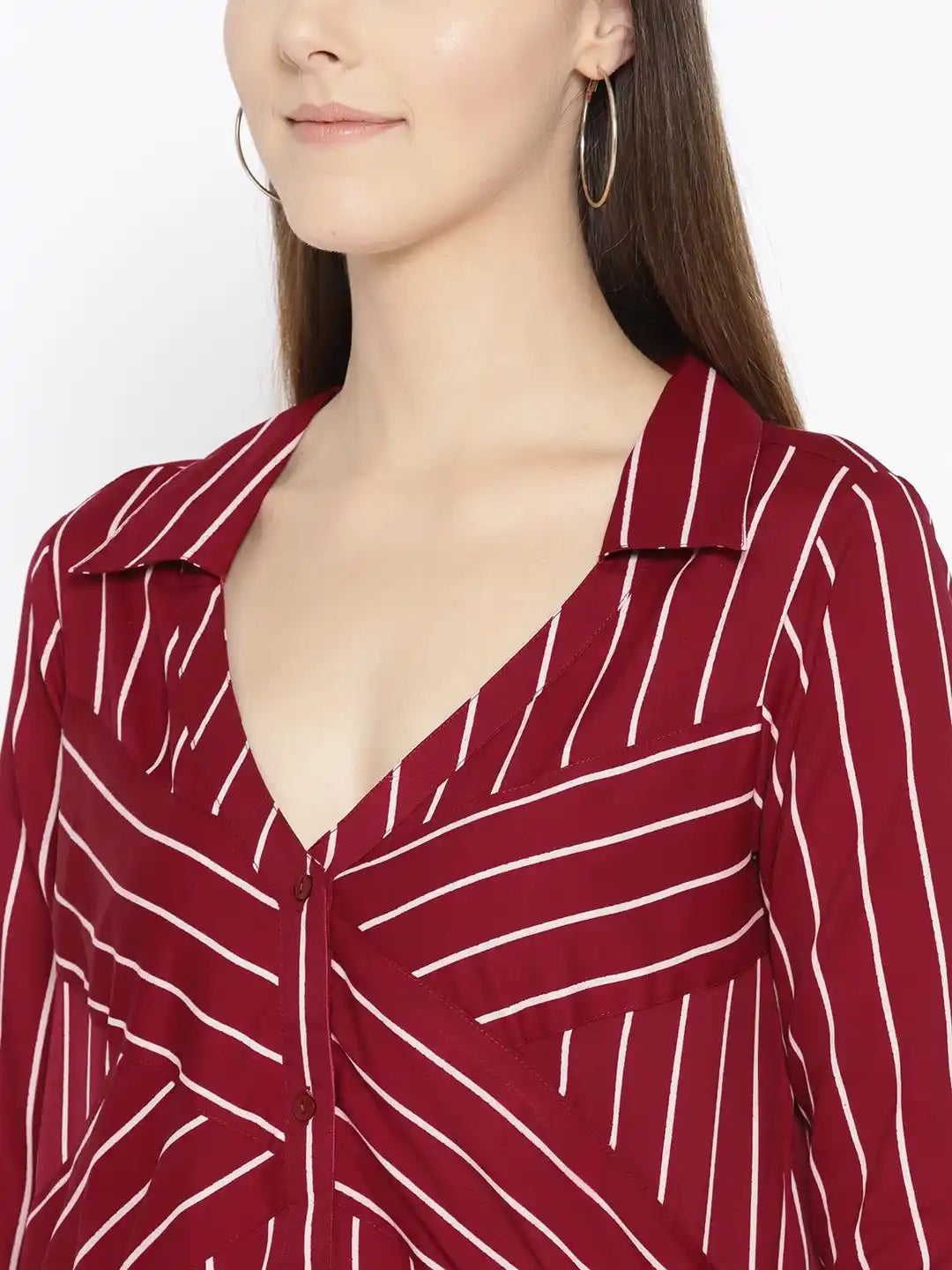 Stripe Dark Maroon Regular Fit V Neck Three Quarter Cuff Sleeve Crepe Top