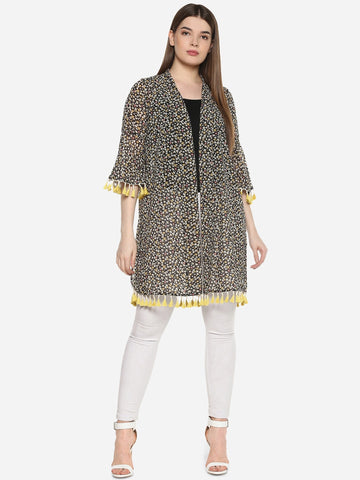 Floral Dark Black Regular Fit V Neck Three Quarter Bell Sleeve Georgette Shrug