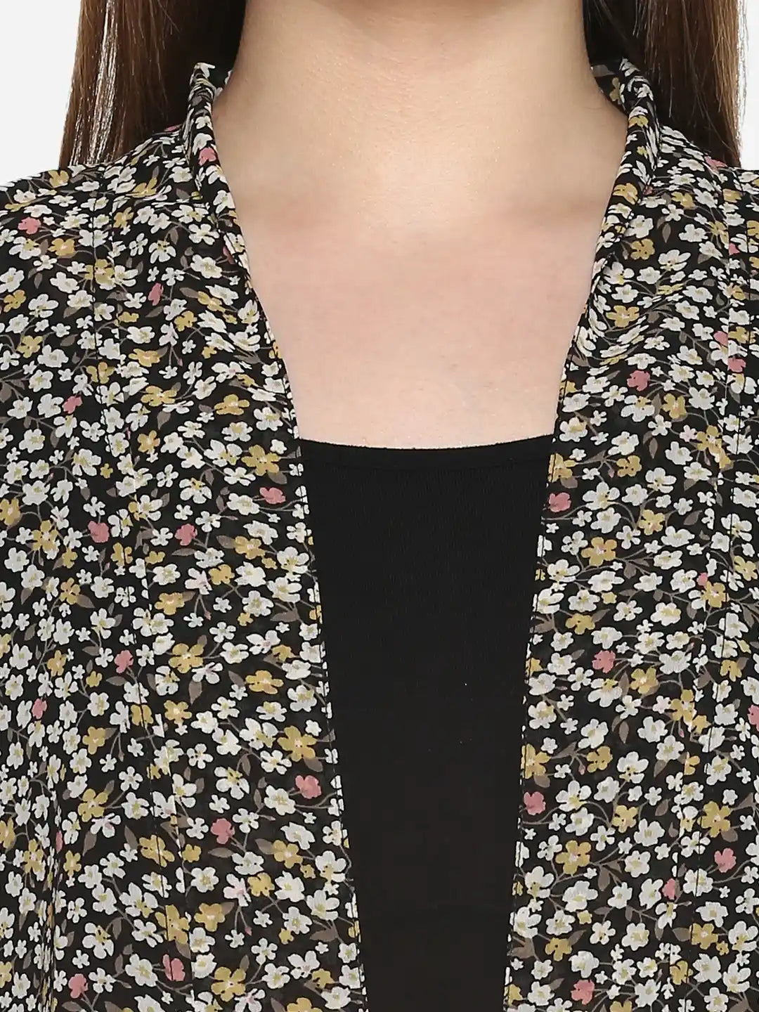 Floral Dark Black Regular Fit V Neck Three Quarter Bell Sleeve Georgette Shrug