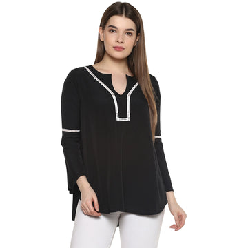 Solid Dark Black Regular Fit V Neck Three Quarter  Crepe Top