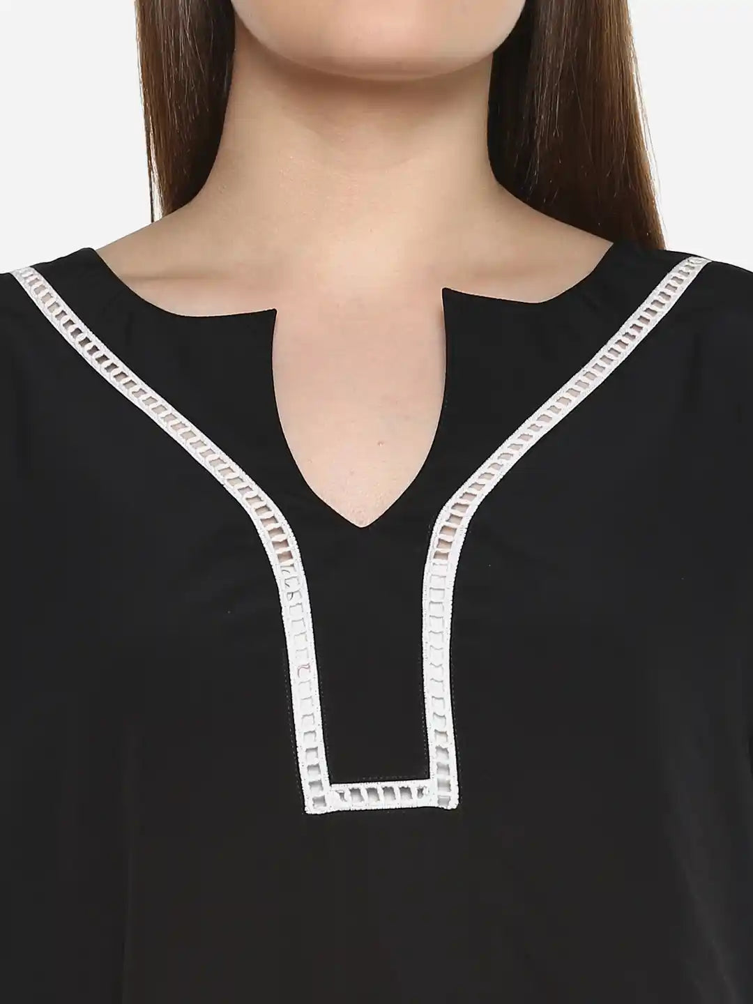 Solid Dark Black Regular Fit V Neck Three Quarter  Crepe Top