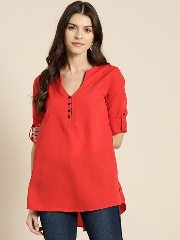 Solid Dark Red Regular Fit V Neck Three Quarter Roll-up Sleeve Crepe Top