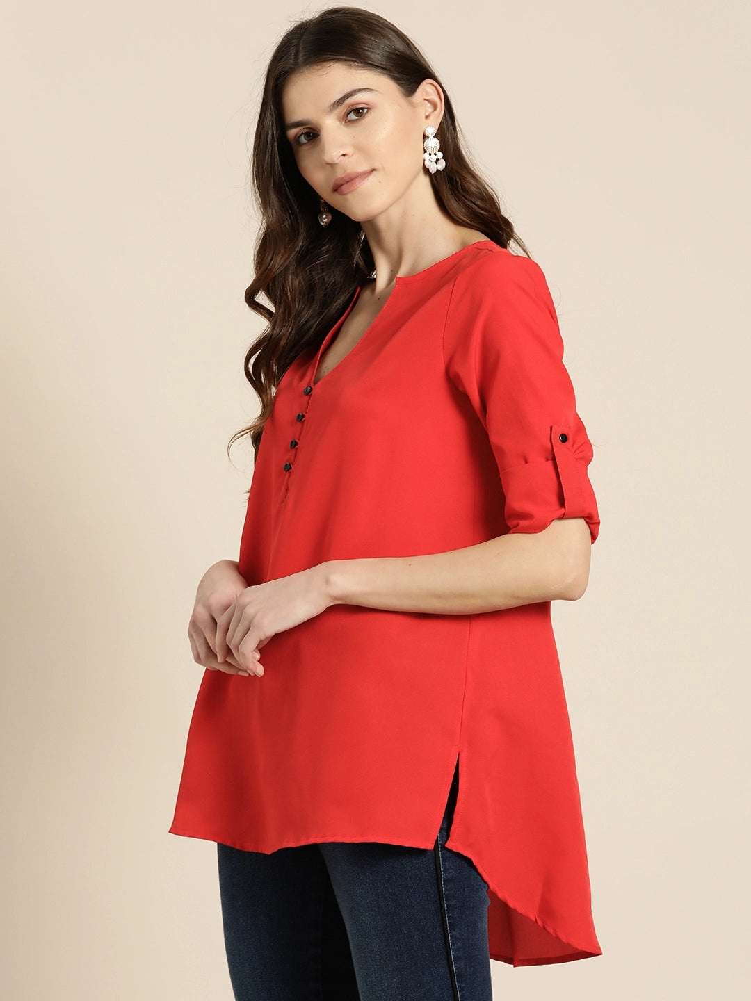 Solid Dark Red Regular Fit V Neck Three Quarter Roll-up Sleeve Crepe Top