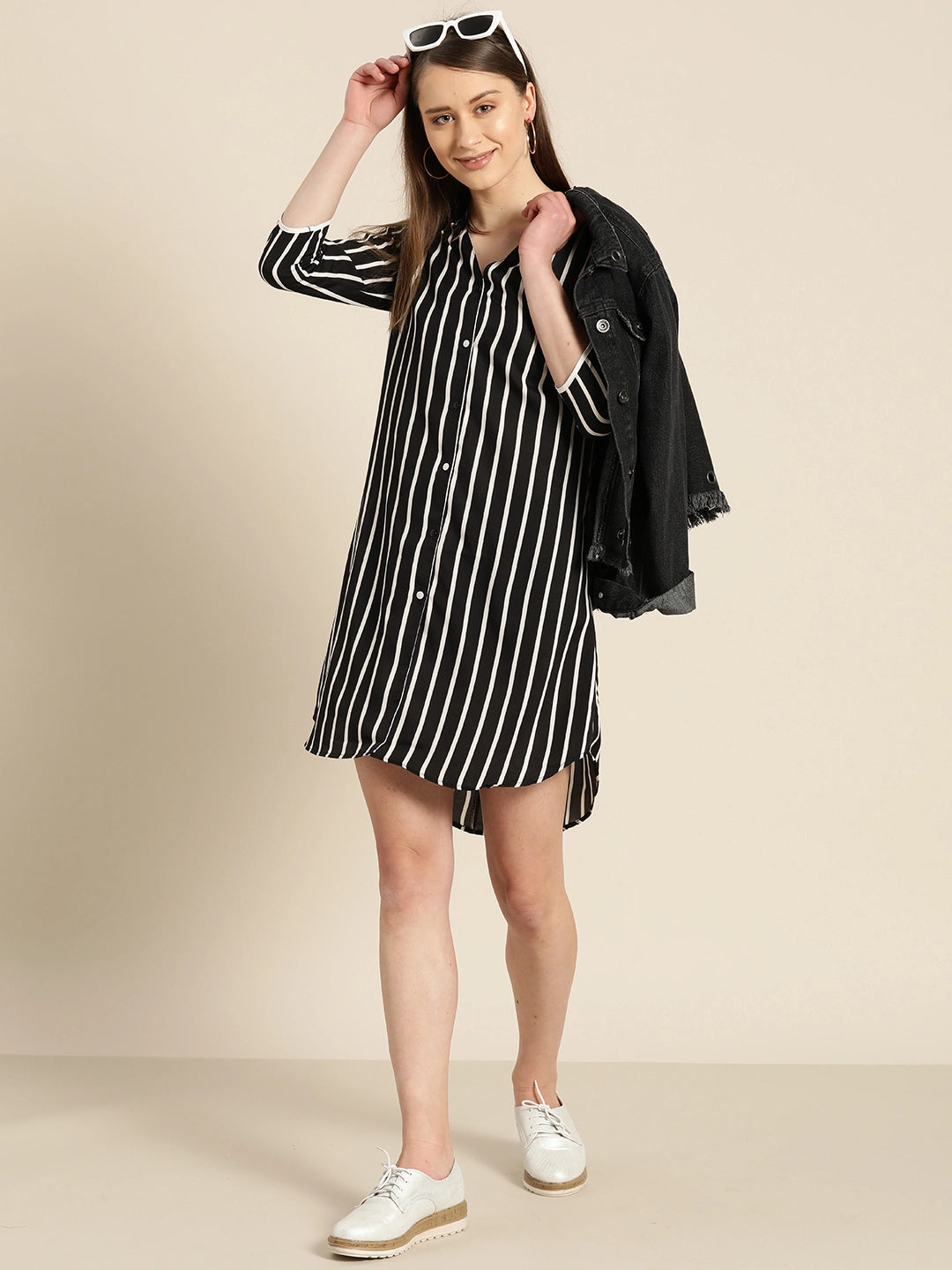 Qurvii Women Black White Striped Shirt Dress