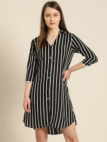 Qurvii Women Black White Striped Shirt Dress