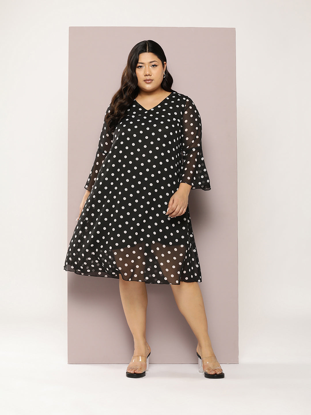 Qurvii Women Black White Polka Dot Print A-Line Dress - Qurvii India