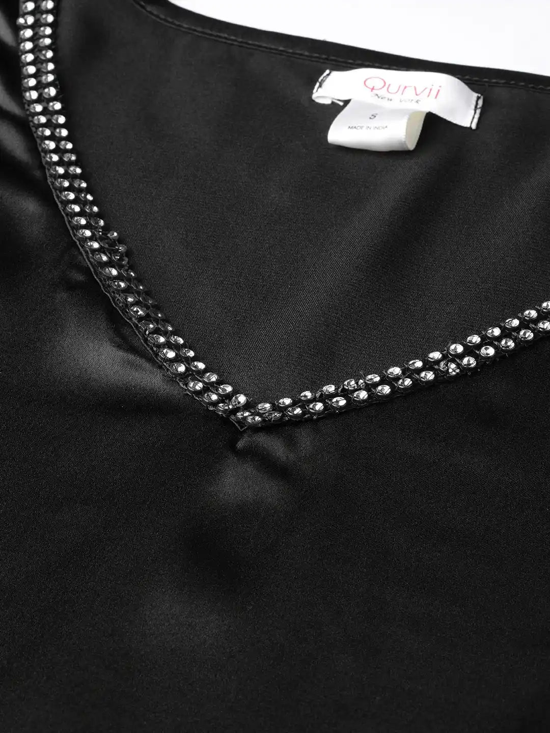Solid Dark Black Regular Fit V Neck Three Quarter  Satin Dress