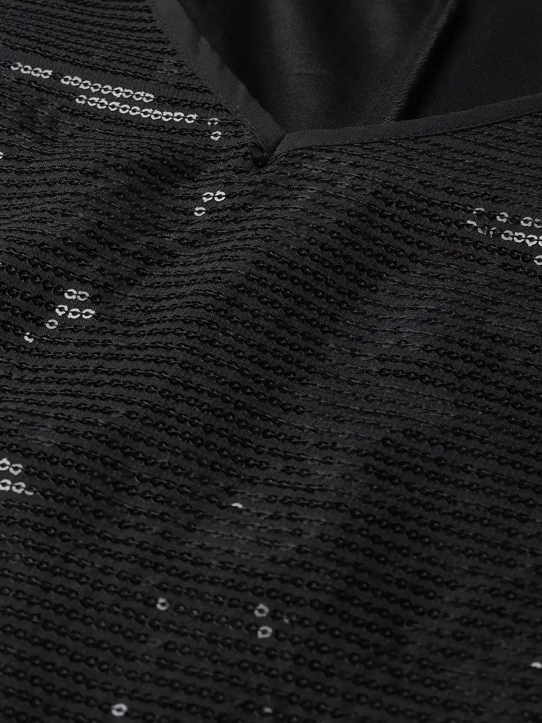 sequenced Dark Black Relaxed Fit V Neck Three Quarter  Sequins Dress