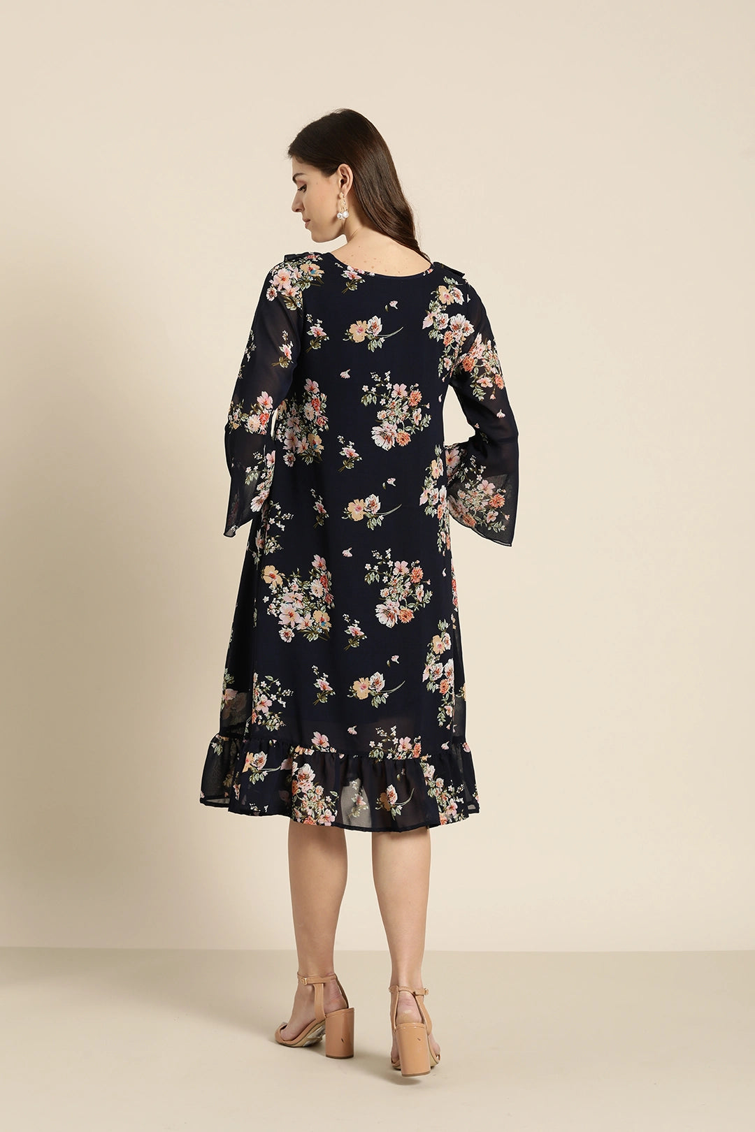 Qurvii Women Navy Blue  Pink Floral Printed A-Line Dress