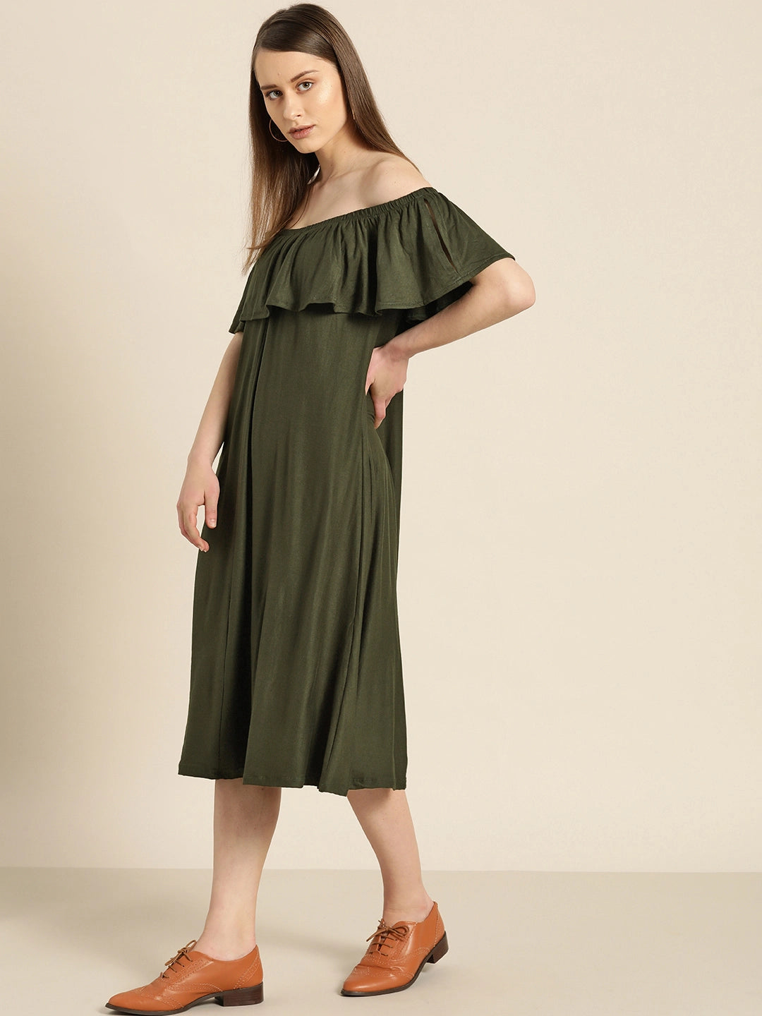 Solid Dark Olive Regular Fit Off Shoulder Elbow Length  Jersey Dress