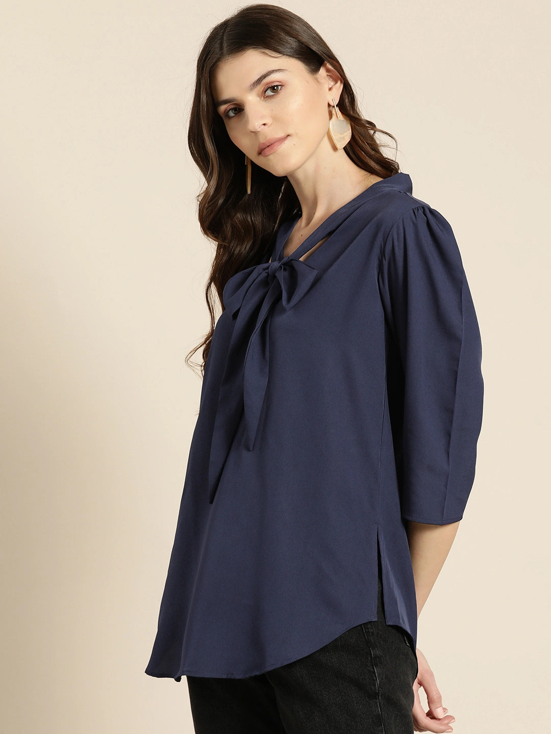 Solid Dark Navy Regular Fit  Three Quarter  Crepe Top