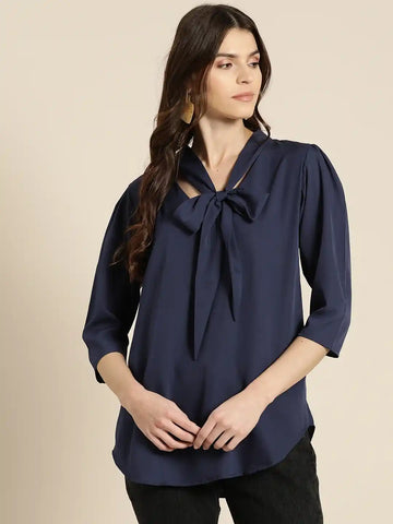 Solid Dark Navy Regular Fit  Three Quarter  Crepe Top