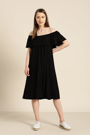 Solid Dark Black Regular Fit Off Shoulder Elbow Length  Jersey Dress