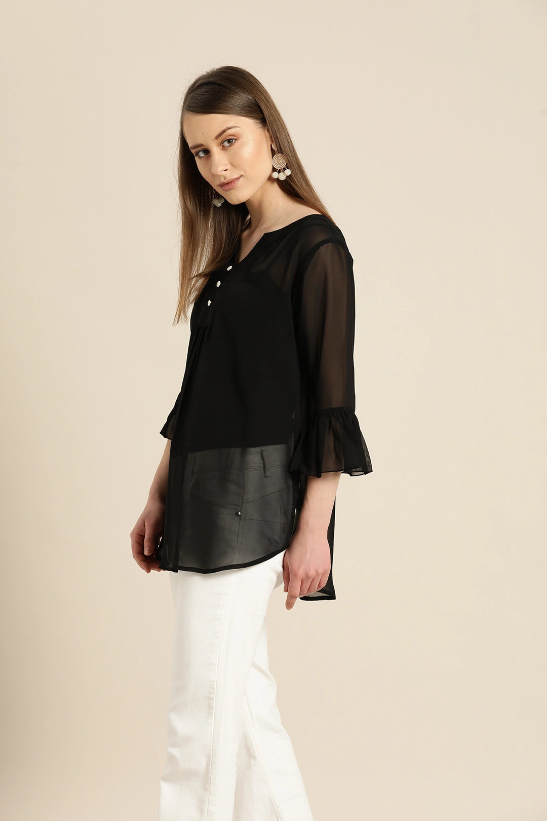 Solid Dark Black Loose Fit Round Neck Three Quarter Bell Sleeve Georgette Top