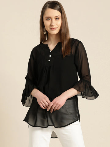 Solid Dark Black Loose Fit Round Neck Three Quarter Bell Sleeve Georgette Top