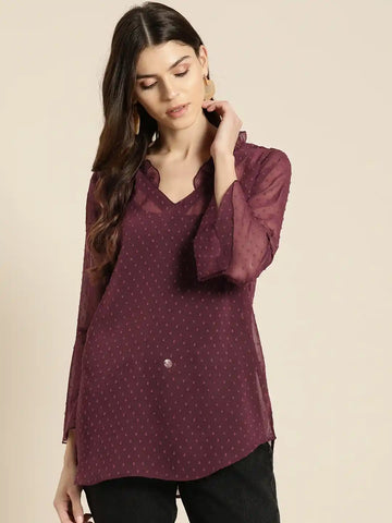 Solid Dark Burgundy Regular Fit Mandarin Collar Full Bell Sleeve Georgette Top