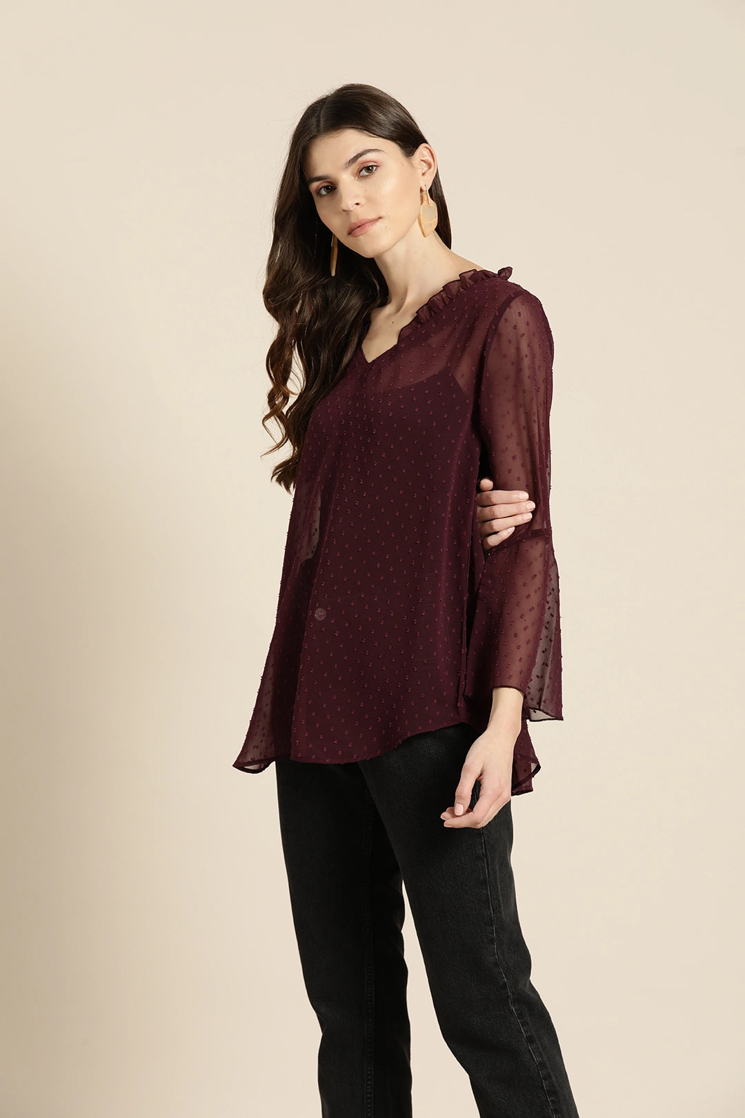 Solid Dark Burgundy Regular Fit Mandarin Collar Full Bell Sleeve Georgette Top