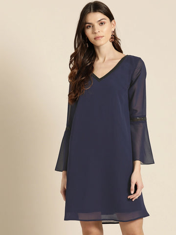 Solid Dark Navy Regular Fit V Neck Three Quarter Bell Sleeve Georgette Dress
